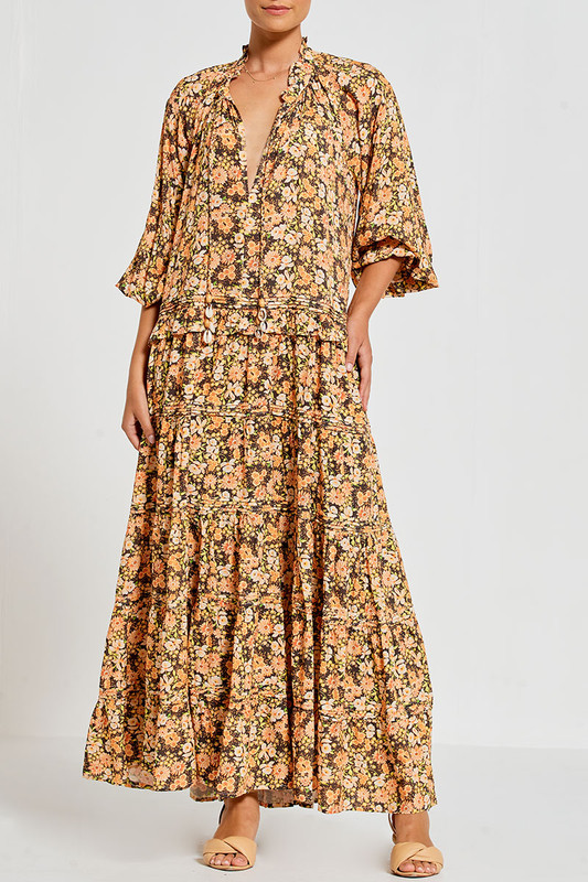 Ruffle Neck Tiered Maxi Dress With Pin Tucks In Garden Floral