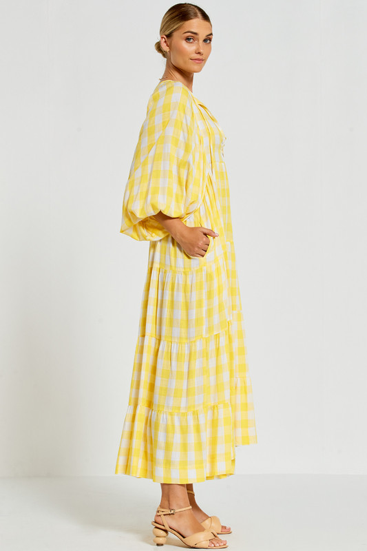 Balloon Sleeve Boho Midi Dress In Lemon Check