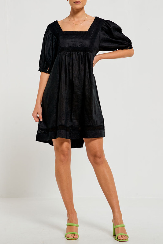 Square Neckline Mini Dress in Black Linen