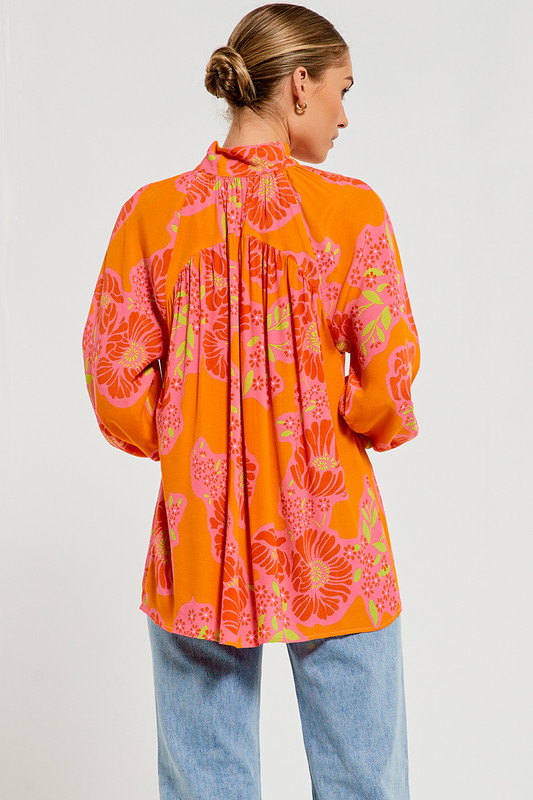 High Neck Button Front Blouse in Flamingo