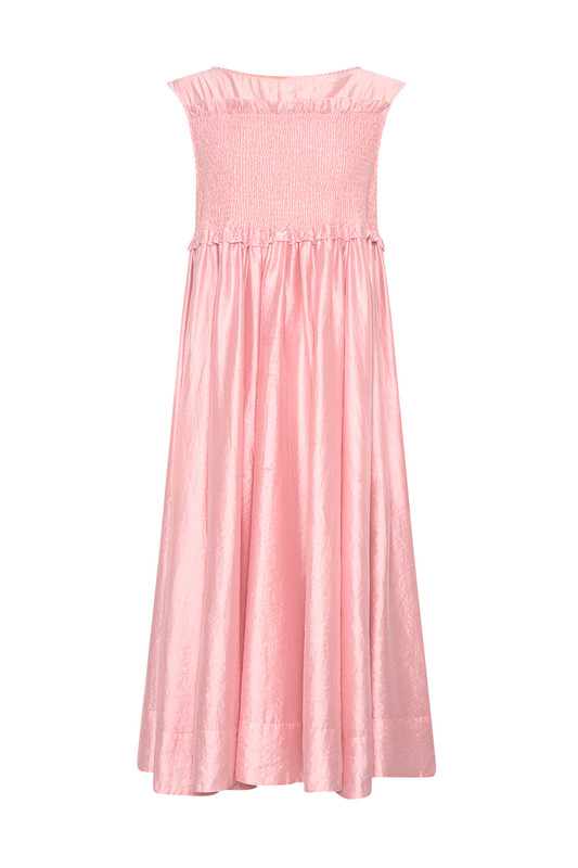 Sleeveless Shirred Midi Dress in Pink Organza Tencil | Bohemian Traders