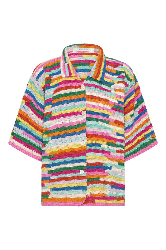 This bespoke Bohemian Traders Shirt has been crocheted by hand, making it truly one-of-a-kind. It's made from soft cotton yarn in a kaleidoscope of colours and knitted in a relaxed silhouette with buttons to the front. Wear yours with the matching skirt.