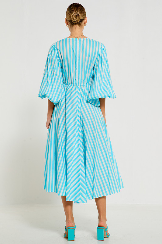 Fixed Bodice A-Line Midi Dress in Striped Cotton Voile