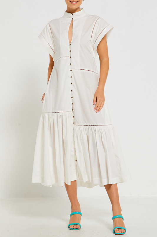 Asymmetrical Midi Shirt Dress in White Poplin