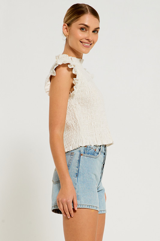 Shirred Top in Ivory Textured Cotton