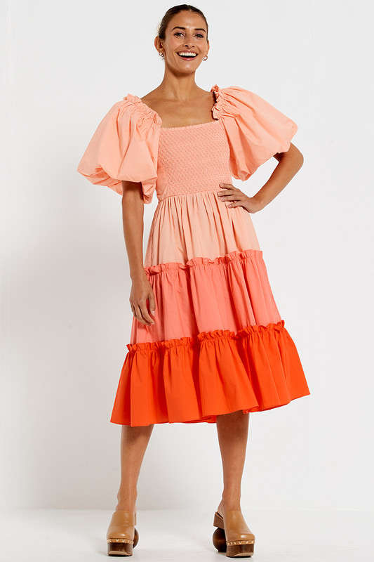 Balloon Sleeve Midi Dress in Peach Colourblock