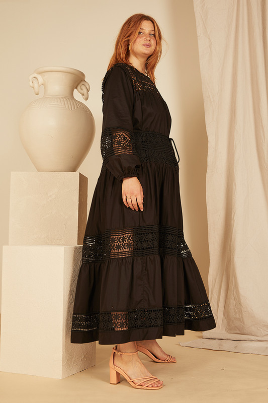 Lace-Tiered Maxi Dress In Black