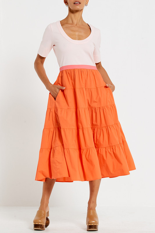 Fit and Flared Jersey Dress in Tonal Peach Pink Orange
