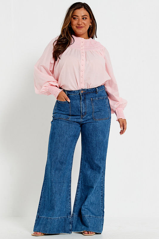 Shirred Neck Top in Pastel Pink