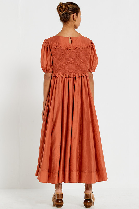 Shirred Yoke Cap Sleeve Midi Dress in Copper
