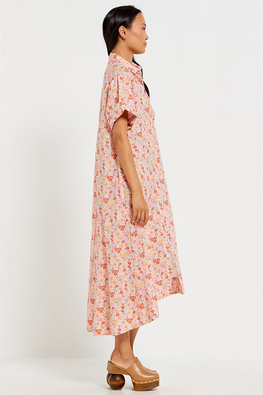 A-Line Midi Shirt Dress in Pink Ditsy Floral