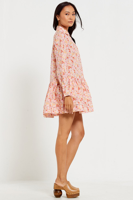 Polo Mini Long Sleeve Dress in Pink Ditsy Floral