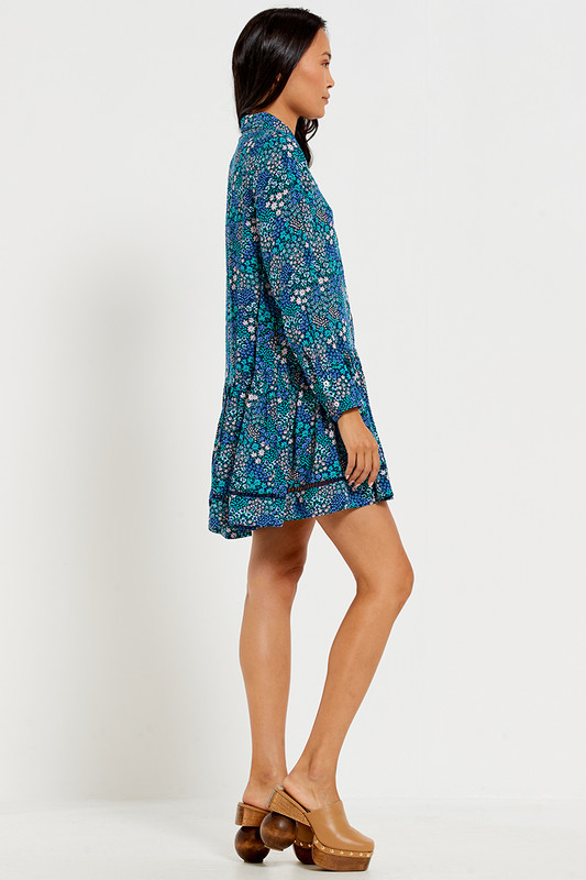 Polo Mini Long Sleeve Dress in Navy Blue Ditsy Floral