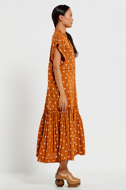 Lattice Midi Dress in Brown Dot