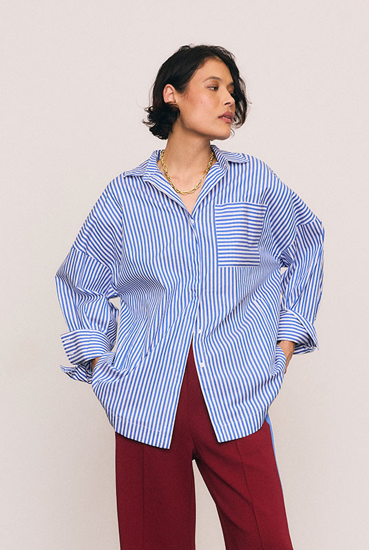 Oversized Long Sleeve Shirt in Blue / White Stripe