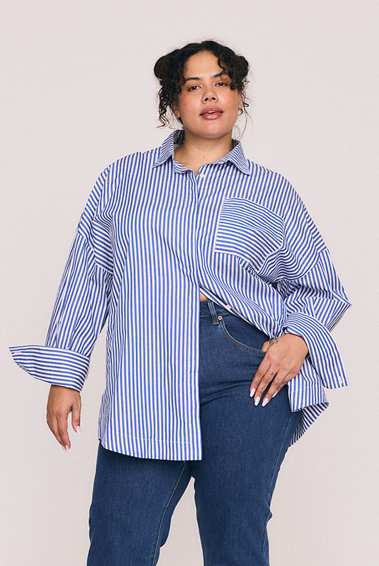 Oversized Long Sleeve Shirt in Blue / White Stripe