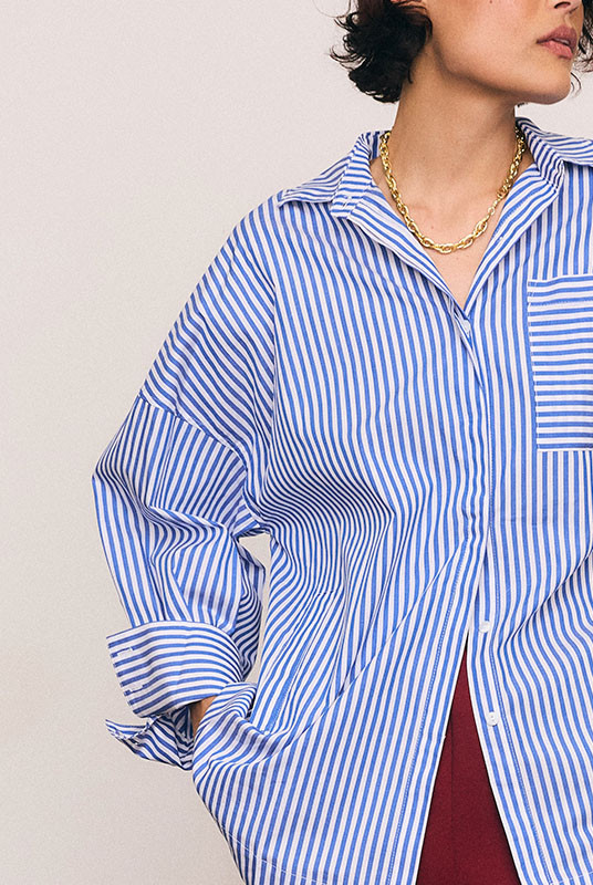 Oversized Long Sleeve Shirt in Blue / White Stripe