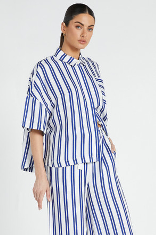 Oversized Short Sleeve Shirt in Royal / White Stripe