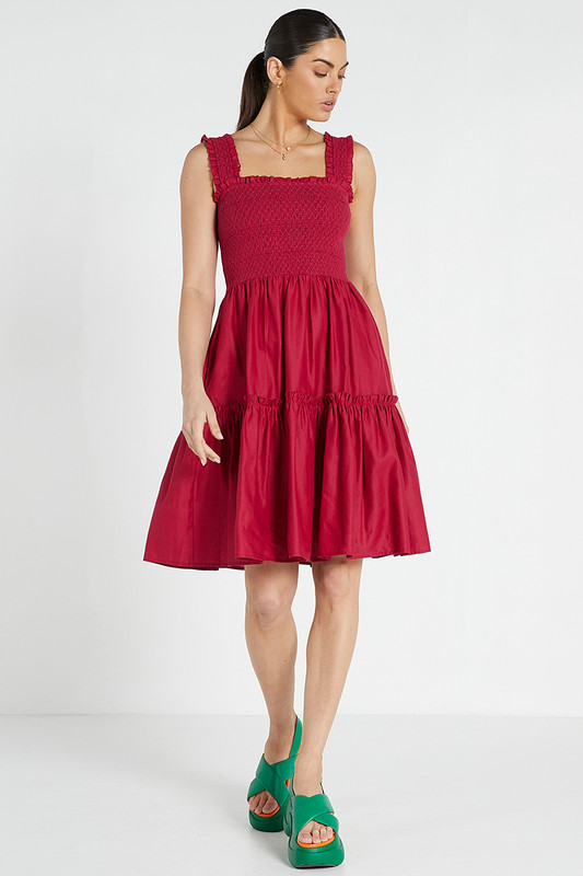Shirred Strap Mini Dress in Fuchsia