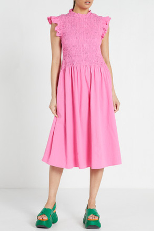 Shirred Midi Dress in Pink