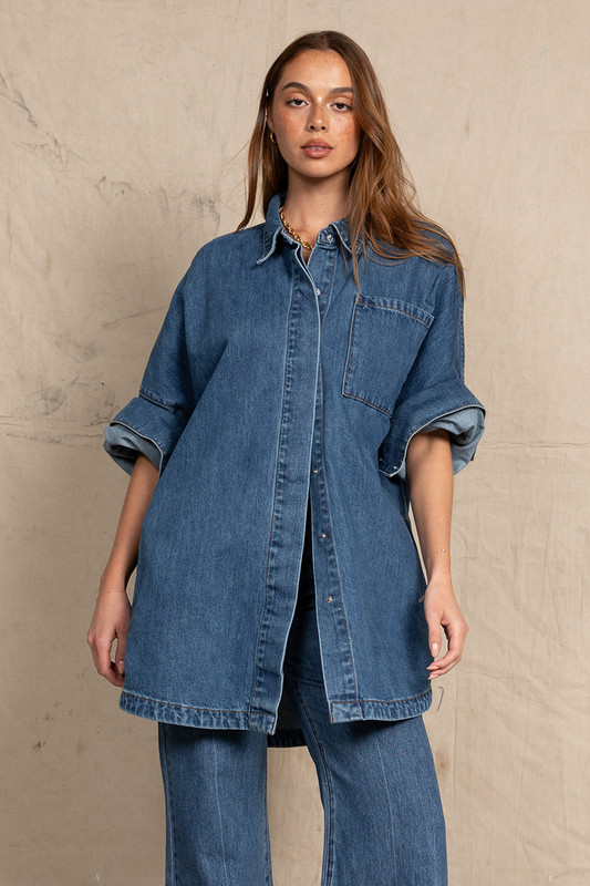 Oversized Shirt Denim in Mid Blue - Bohemian Traders