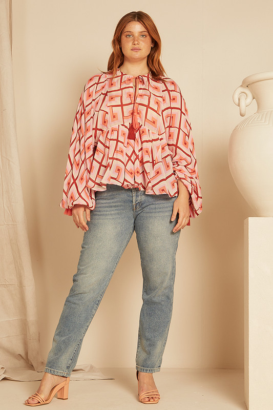 Geo Smock Blouse in Coral Hues