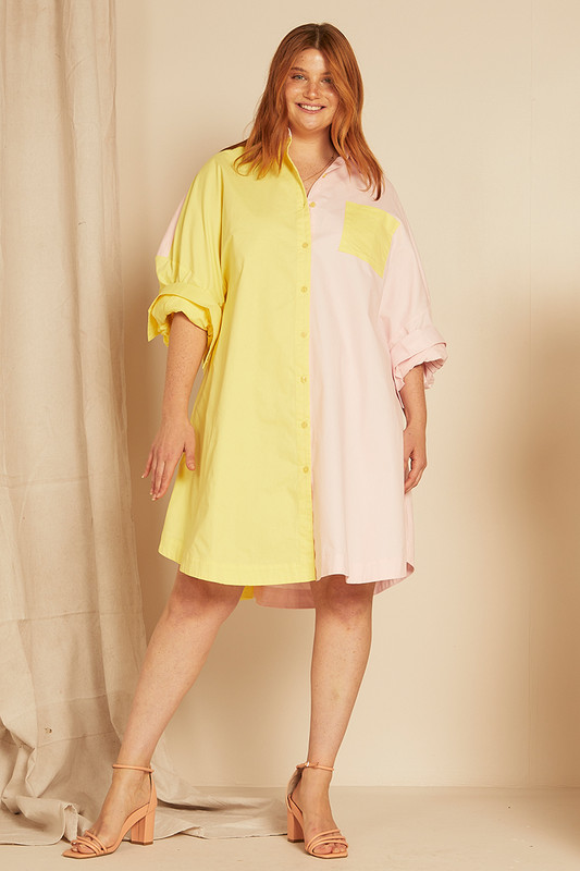 Oversized Shirt Dress in Lemon / Pink Splice
