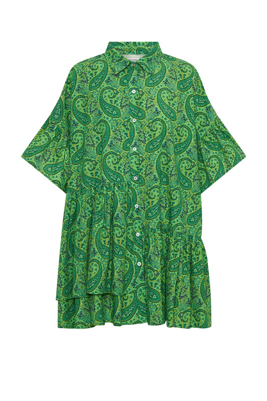 The long Australian Summer influences Bohemian Traders' breezy, oversized designs. This 'Genoa' mini dress is cut from lightweight cotton poplin, in playful paisley and has asymmetrical ruffles along the hem that effortlessly drape over your frame. Team yours with sandals and a basket bag or over jeans as the weather cools.