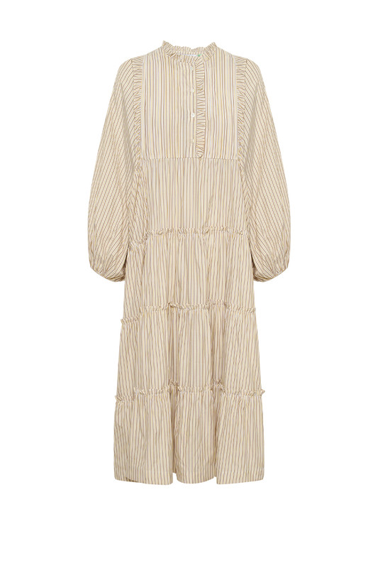 Celebrate the arrival of summer with Bohemian Traders famed Boho Midi Dress. Cut from breathable cotton and patterned with lemon and cafe stripes, it's relaxed sillhouette makes it perfect for easy days spent seaside. Pintucks to the yoke and tiers finished with ruffles make this striped dress just as suited to lunch at the resort as covering up when heading to and from the beach.

Circular product. Natural fibre.