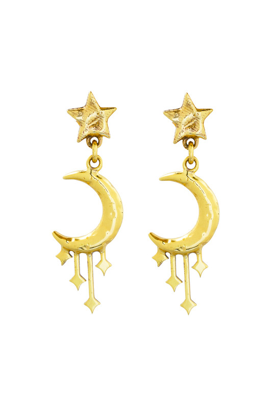 Cosmic Superbloom takes inspiration from celestial bodies so when designing the jewellery for this collection, we naturally looked to the stars. These playful earrings feature stars shooting from a crecent mooncrafted from gold toned nano brass in a decadent molten texture, which is becomming a brand signature. Wear with the coordinating necklace.