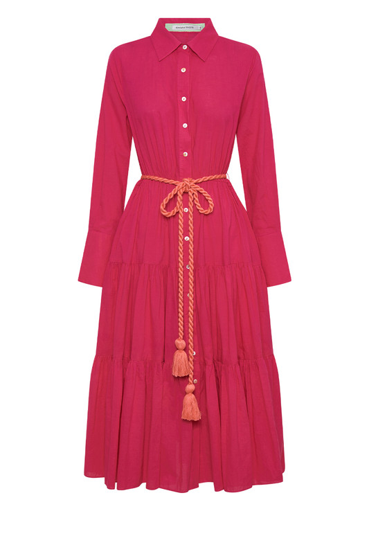 Bohemian Traders slim fit shirt dress is made from lightweight cotton-voile in a mood-boosting fuchsia colourway, styled with a contrasting coral rope belt. It's cut for a slim for through the bodice and is enhanced by the tiered midi skirt.