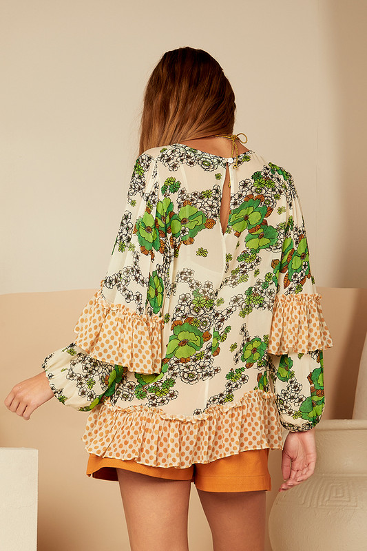 Cluster Floral Ruffle Blouse in Peridot Floral