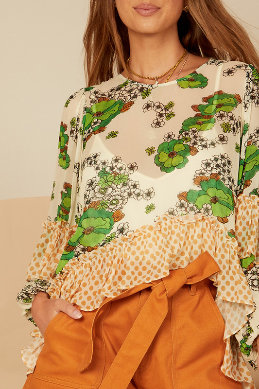 Cluster Floral Ruffle Blouse in Peridot Floral