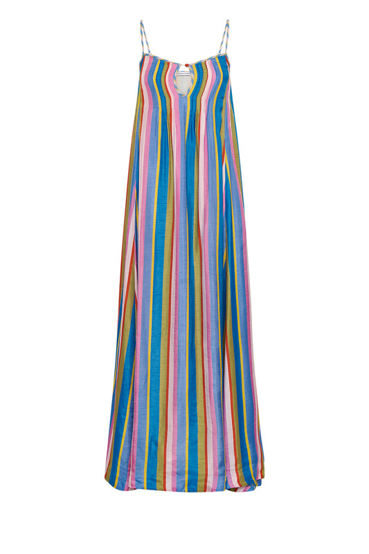 This slip dress is perfect for the summer party season or simply heading out for a sunset sangria. It's been custom printed on delicate satin slub and trimmed with a contrast bind. It falls from pin-thin straps to a billowy exaggerated hem. Ground yours with strappy sandals and golden jewels.