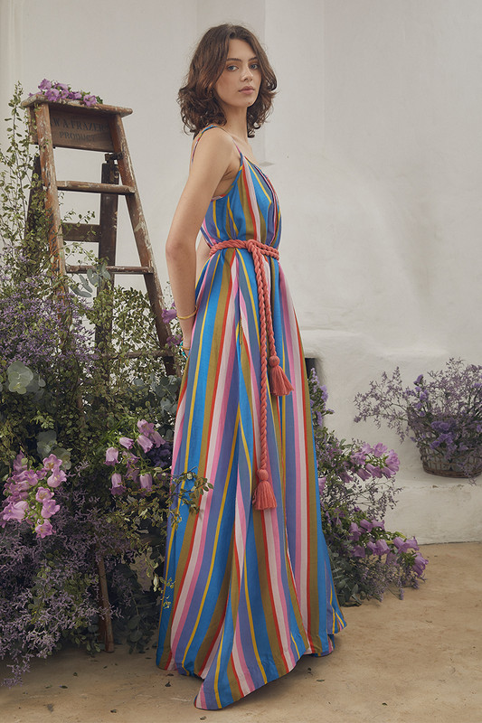 This slip dress is perfect for the summer party season or simply heading out for a sunset sangria. It's been custom printed on delicate satin slub and trimmed with a contrast bind. It falls from pin-thin straps to a billowy exaggerated hem. Ground yours with strappy sandals and golden jewels.