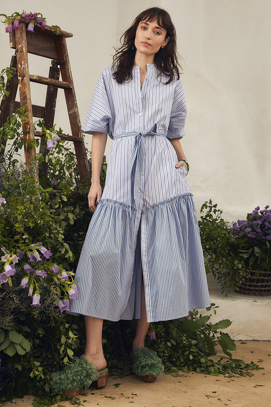 This spliced shirt dress is so versatile - style it with boots for dinner or opt for sandals or sneakers for more casual events. It's cut from striped blended cotton with a crunchy finish and has a romantic ruffle falling into a mid length hem.