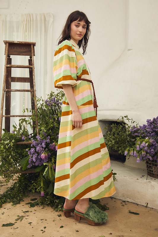Bohemian Traders Drop Waist Shirt Dress is beautifully patterned with our in-house designed 'waverly' stripe. Made from blended linen, it has dolman sleeves and a sash that cinches the shape. Match your accessories to one of the colors in the print.