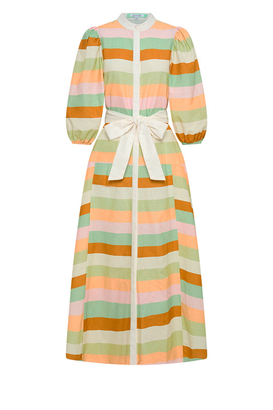Bohemian Traders Drop Waist Shirt Dress is beautifully patterned with our in-house designed 'waverly' stripe. Made from blended linen, it has dolman sleeves and a sash that cinches the shape. Match your accessories to one of the colors in the print.