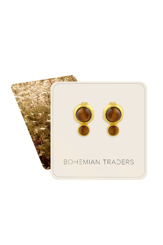 Studs that make a statement. These vintage-inspired studs feature gold toned nano brass and tiger's eye stone inlay. Said to bring inner strength, tiger's eye has a silky lustre that catches the light with every move.