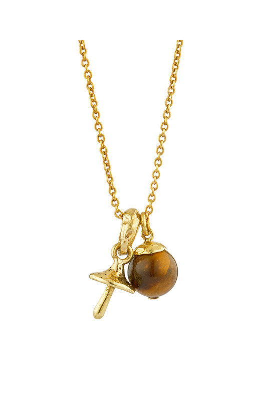 BT's necklace features a hand crafted mushroom pendant alongside a tigers eye sphere. It's crafted from nano plated brass and strung on a 50cm chain.