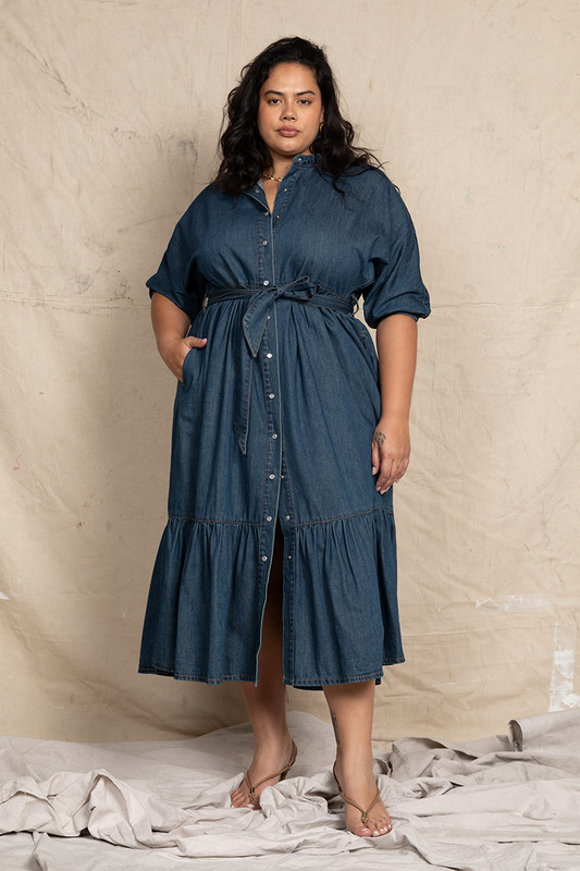 Denim Dolman Shirt Dress in Dark Blue