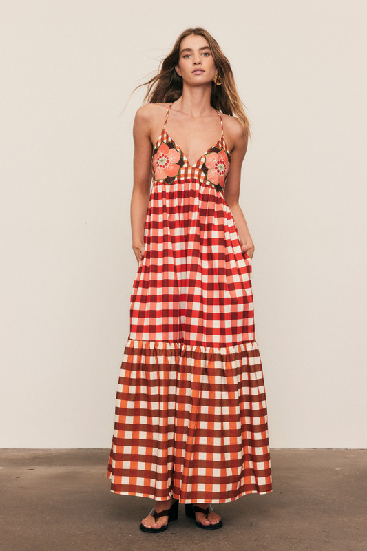 Gingham Embroidery Dress in Ruby Cream