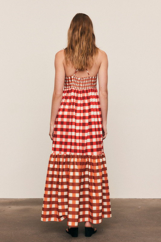 Gingham Embroidery Dress in Ruby Cream