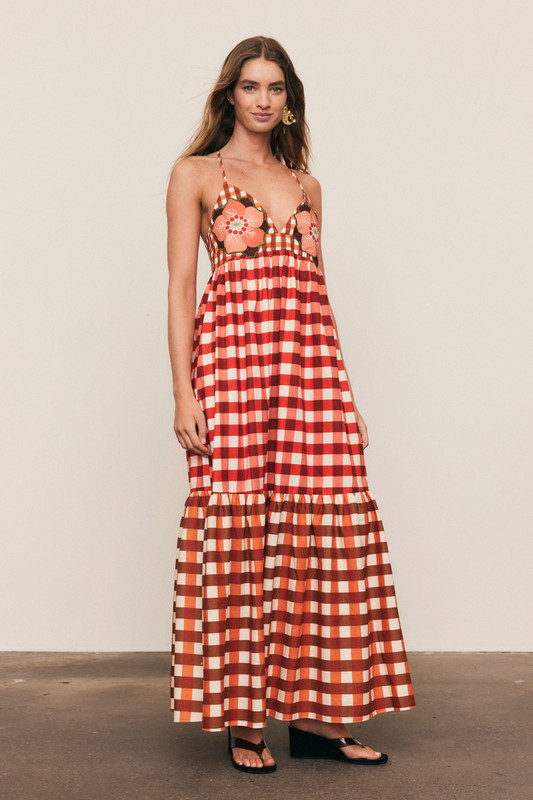 Gingham Embroidery Dress in Ruby Cream