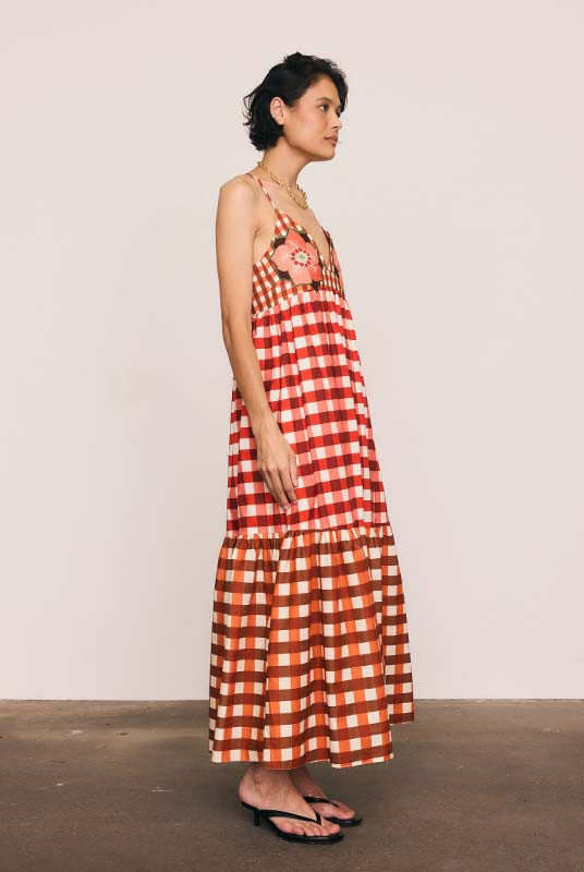 Gingham Embroidery Dress in Ruby Cream