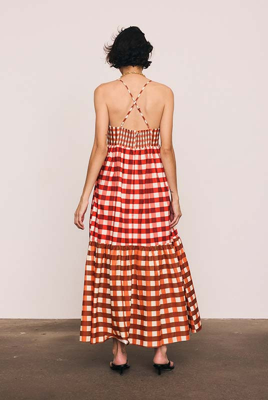 Gingham Embroidery Dress in Ruby Cream