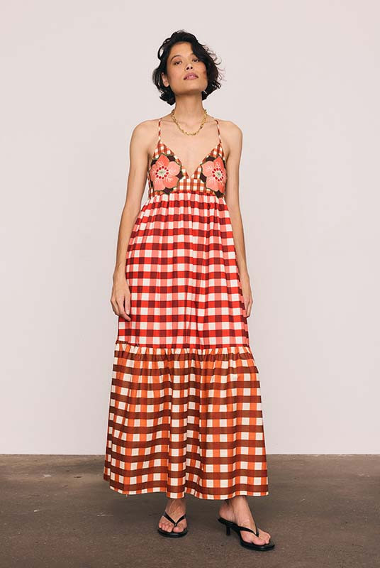 Gingham Embroidery Dress in Ruby Cream