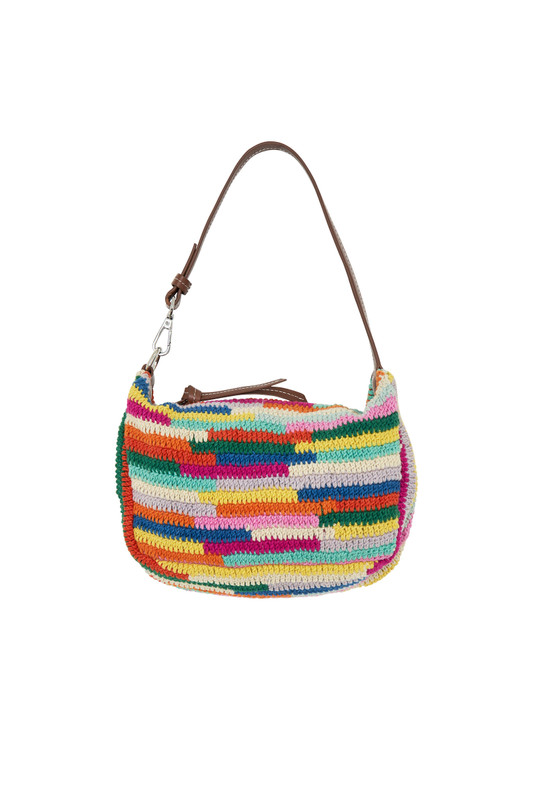 A burst of colour and craft, this cotton crochet mini bag features a zipper closure with leather tassel and straps. Lightweight and artisanal, it’s the perfect playful companion for casual days and festival nights.