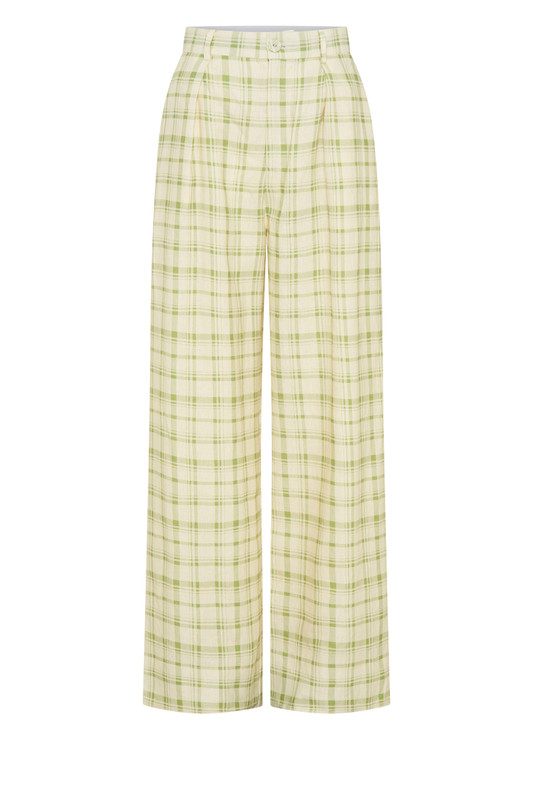 Our 'Frankie' trousers are patterned with classic plaid in a subdued leaf green, making them completely versatile. They're tailored from linen with a high-rise waist that falls to sweeping wide legs. Style yours with the matching Blazer.
