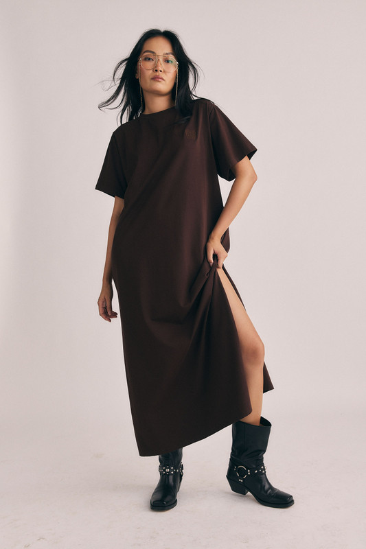 Drop Shoulder Tee Dress in Chocolate